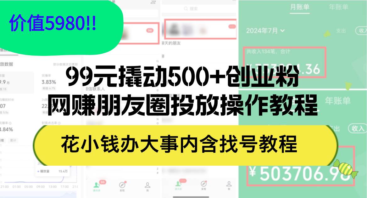 99元撬动500+创业粉，网赚朋友圈投放操作教程价值5980！花小钱办大事内…-六道网创